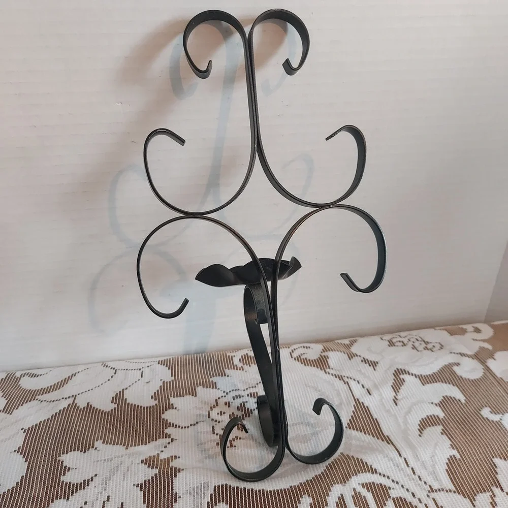 Vintage Black Wrought Iron Scroll Wall Sconce Candle Holder Ornate Metal Decor